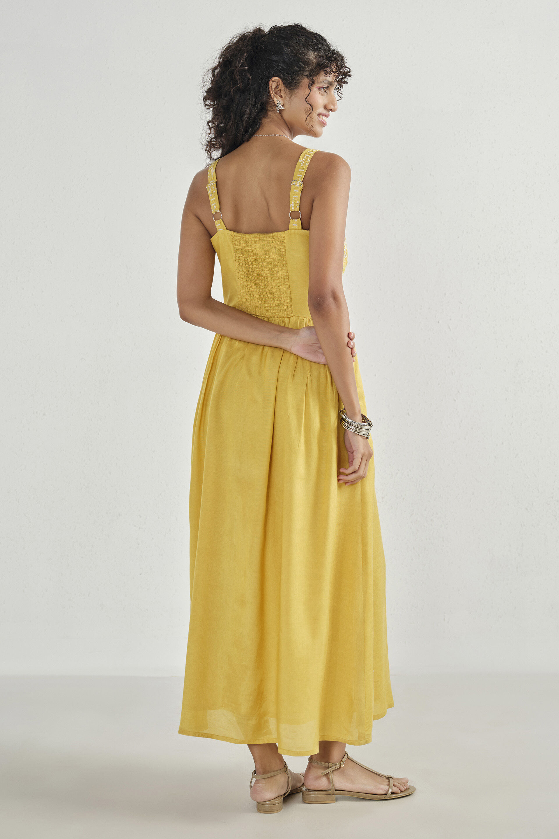 Mustard Strappy Embroidered Dress, Mustard, image 6